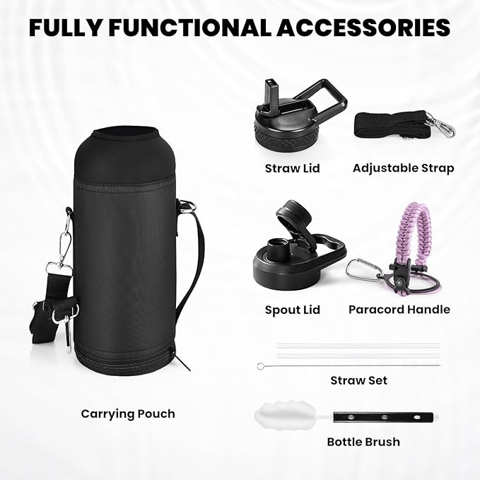 Insulated Water Bottle 40 oz, Triple Wall Vacuum Stainless Steel (Cold for 48 Hrs), Leak Proof & Non-BPA, Modern Water Flask Jug with Paracord Handle & Straw Spout Lids, Lilac-GravixFit