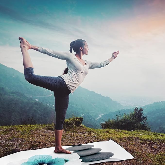 QiyI Yoga Towel with Travel Bag, Microfiber Mat-Sized Hot Yoga Towels, Non Slip Blanket with Corner Pockets, Quick Dry Mat Towel for Bikram, Pilates, Fitness - 70"x26", Pebbles & Blue White Flowers-GravixFit