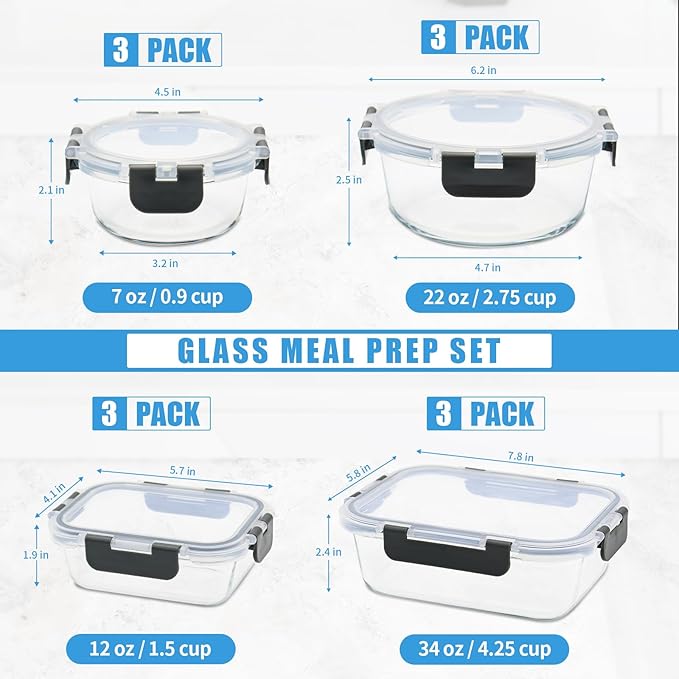 12 Pack Glass Food Storage Containers with Airtight Lids for Meal Prep, Leftover, BPA-Free, Leak-Proof, Freezer to Microwave Safe (12 Lids & 12 Containers)-GravixFit