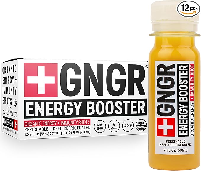 '+GNGR Energy Booster & Immunity Shot, Cold-Pressed Ginger Shots with Lions Mane, 75mg of Natural Caffeine Green Tea, Turmeric Root, Vitamin D & Zinc for All Natural Immune Support (2 Oz, Pack of 12)-GravixFit