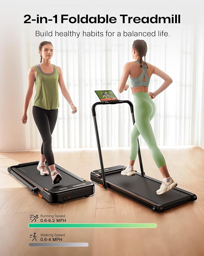 UREVO Strol 2E Smart 2-in-1 Folding Treadmill, Compact Walking Pad with Safety Handle, Plug and Play, Dual LED Display, Workout APP, Walking or Running for Home Office, Remote Included-GravixFit