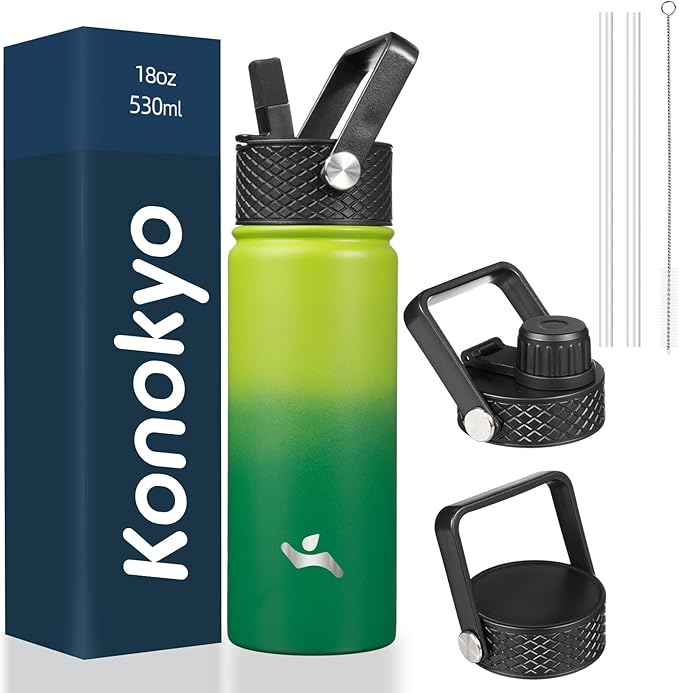 18 oz Insulated Water Bottle Stainless Steel Sport Bottles with 3 Lids,Bamboo Grove-GravixFit