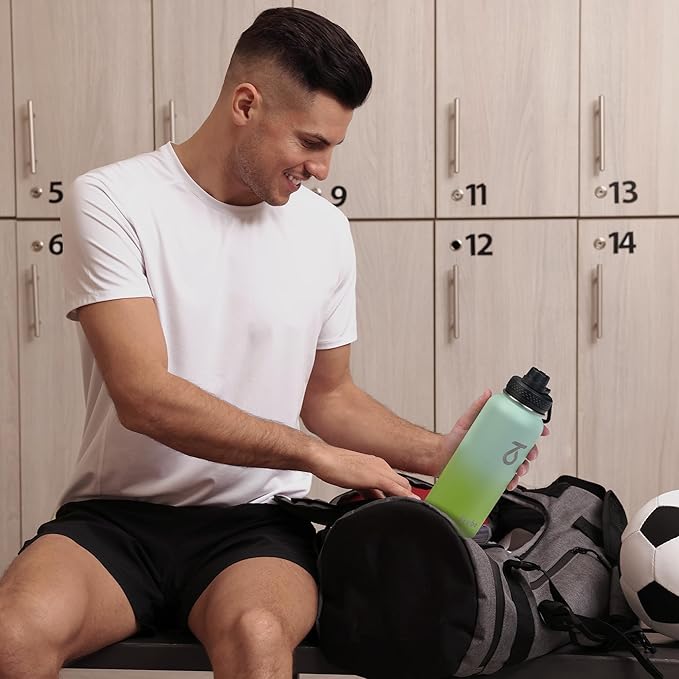 Trebo 32 oz Water Bottle Insulated with Lid and Straw, Double Wall Vacuum Stainless Steel Sports Flask with Paracord Handle, Keep Hot 24 Hours & Cold 48 Hours Water Cup with 3 Lids, Dark Green-GravixFit