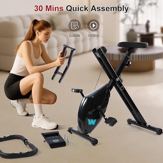 BARWING Stationary Exercise Bike for Home Workout, 5 IN 1 Foldable Indoor Cycling Bike for Seniors, 350LB Capacity, 16-Level Magnetic Resistance, Seat Backrest Adjustments