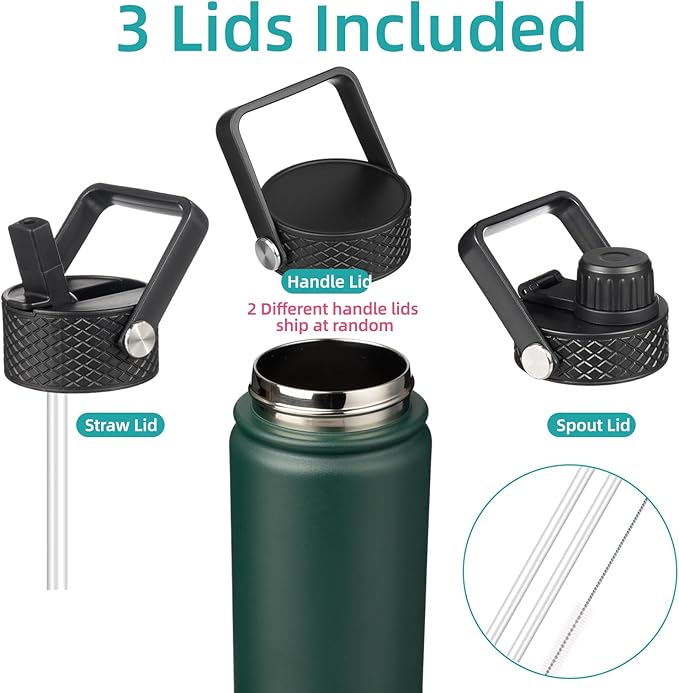 18 oz Insulated Water Bottle Stainless Steel Sport Bottles with 3 Lids,Army Green-GravixFit