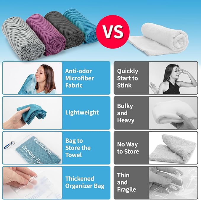 YESLIFE 4 Pack Cooling Towel 40"x12", Gym Towels for Men and Women, Soft Breathable Workout Towels for Yoga, Running, Sport, & More (Blue, Grey, Purple, Black)-GravixFit