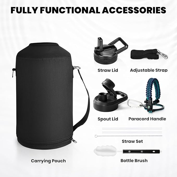 One Gallon Water Bottle Insulated, Triple Walled Vacuum Stainless Steel (Cold for 48 Hrs), Leak Proof & Non-BPA, Large Water Flask Jug with Paracord Handle & Straw Spout Lids-GravixFit