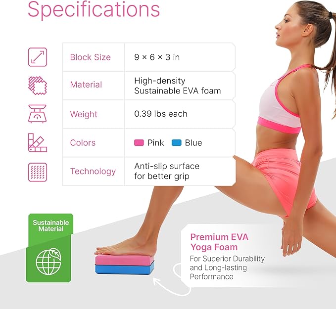 Yoga Blocks 2 Pack Set with Dance Stretch Band & Guide: Non-Slip EVA Foam Block - Ideal Stretching Equipment for Home Workouts, Pilates, Dance, Ballet, Gymnastics, Exercise - Stretch Strap Stuff Props-GravixFit