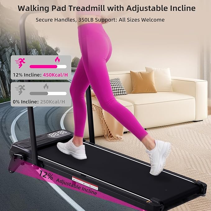 Electric Walking Pad Treadmill with Adjustable Incline and Handle Bar, 3.5HP Small PortableTreadmills for Home Office Small, 4 in 1 Folding Foldable Treadmill with Handles, 0.6-7.6MPH, 350LBS-GravixFit