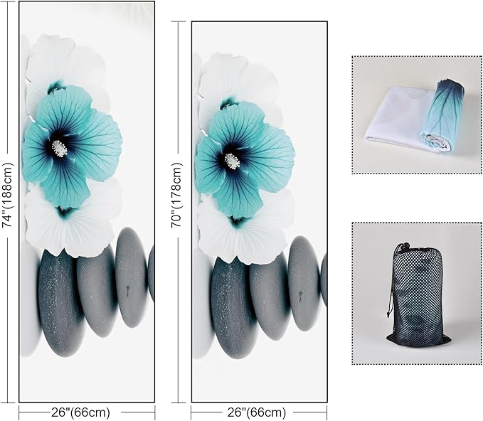 QiyI Yoga Towel with Travel Bag, Microfiber Mat-Sized Hot Yoga Towels, Non Slip Blanket with Corner Pockets, Quick Dry Mat Towel for Bikram, Pilates, Fitness - 70"x26", Pebbles & Blue White Flowers-GravixFit