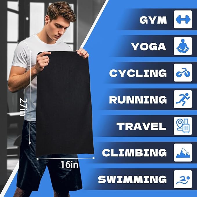 Microfiber Gym Towels for Working Out, Quickly Dry Yoga Towels for Men & Women Tennis, 16 Inch x 27 Inch, 6 Pack, Black-GravixFit