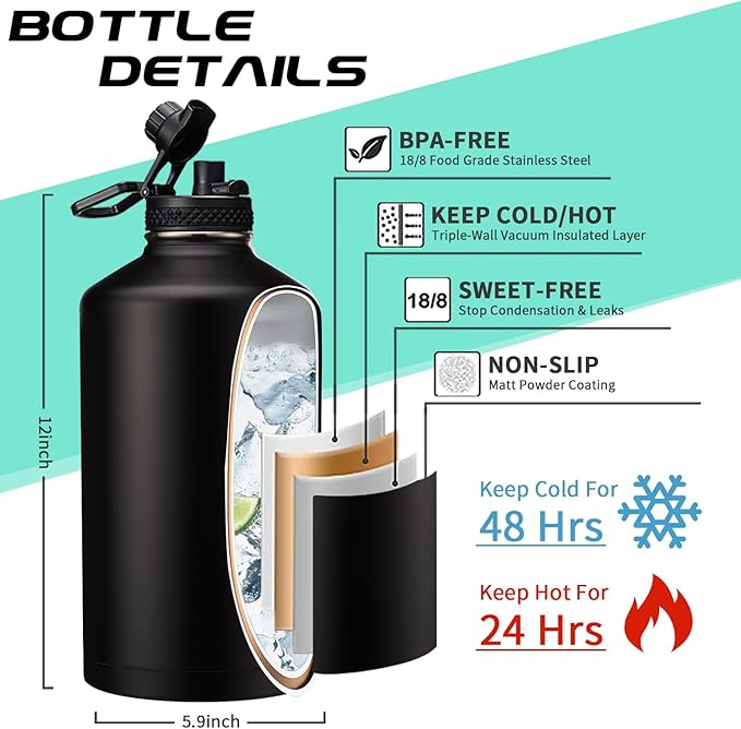 128OZ Insulated Water-Bottles with Strap - 1 Gallon Large Water Jug with Straw & Spout Lid, Stainless Steel Water Bottle Leak Proof, Cold-48h Hot-24h Metal Water Flask w/Paracord Handle, Carrier Bag-GravixFit