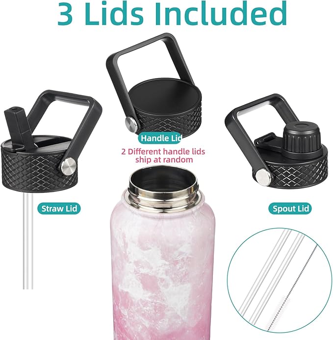 18 oz Insulated Water Bottle Stainless Steel Sport Bottles with 3 Lids,Marble Blossom-GravixFit