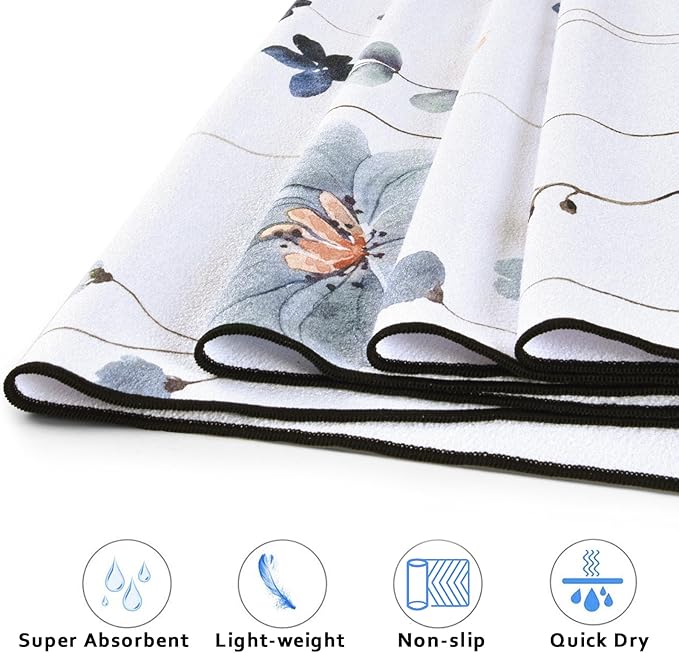QiyI Floral Yoga Mat Towel with Corner Pockets, Non Slip Sweat Absorbent Hot Yoga Towels, Soft Yoga Blankets with Travel Bag, Mat Cover for Workout, Gym, Fitness - 70"x26", Watercolor Flowers-GravixFit