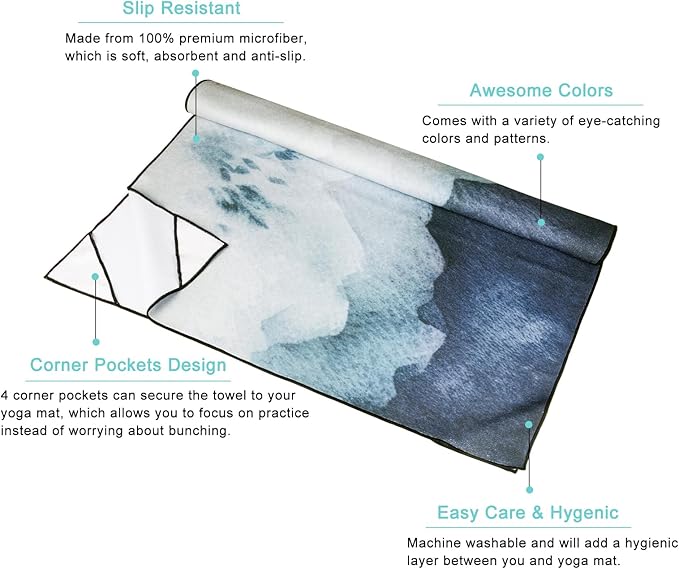 QiyI Yoga Mat Towel with Corner Pockets, Non Slip Sweat Absorbent Hot Yoga Towels, Soft Yoga Blankets with Travel Bag, Skidless Mat Cover for Workout, Gym, Fitness - 70"x26", Watercolor Mountain-GravixFit