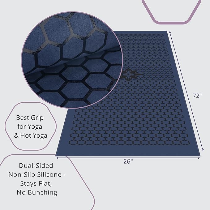 Clever Yoga Non-Slip Hot Yoga Towel – Non-Slip Grip for Hot Yoga, Sweat Absorbent, Honeycomb Silicone Grip, Stays Flat – Ideal for Pilates, Travel, Washable & Lightweight - Dark Blue-GravixFit