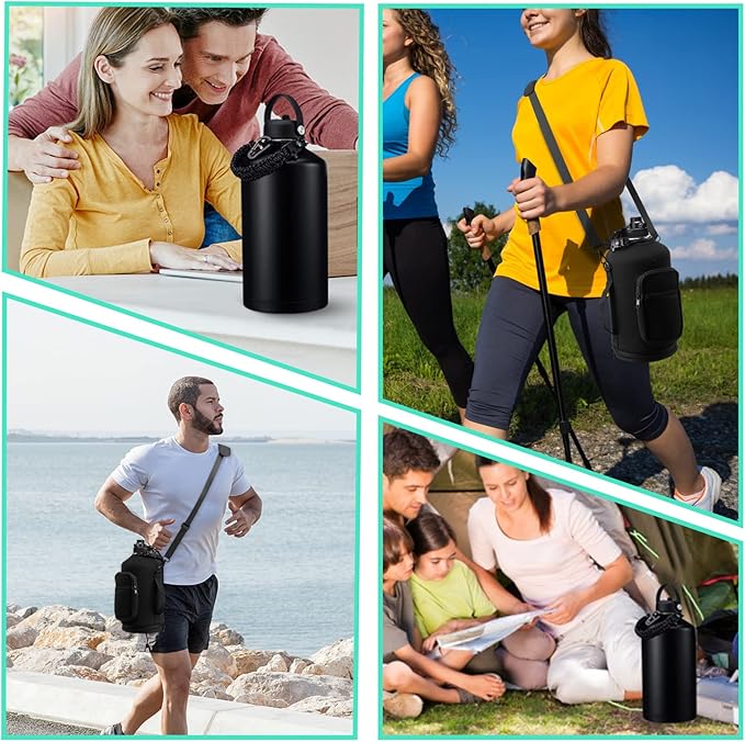 128OZ Insulated Water-Bottles with Strap - 1 Gallon Large Water Jug with Straw & Spout Lid, Stainless Steel Water Bottle Leak Proof, Cold-48h Hot-24h Metal Water Flask w/Paracord Handle, Carrier Bag-GravixFit