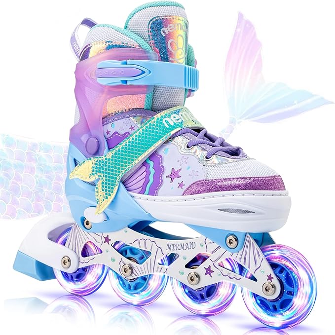 NEMONE Mermaid Inline Skates, 4 Sizes Adjustable Skates for Girls Kids with Light up Wheels, Indoor Beginner Outdoor for Kids Ages 4-6 5-8 6-12 8-12-GravixFit