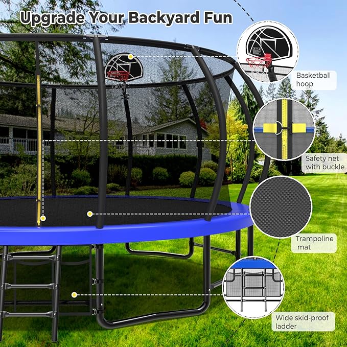 10 12 14 15 16FT Outdoor Trampolines for Kids and Adults, Pumpkin Trampoline with Curved Poles, Recreational Trampoline with Basketball Hoop and Safety Enclosure Net for Kids and Adults-GravixFit