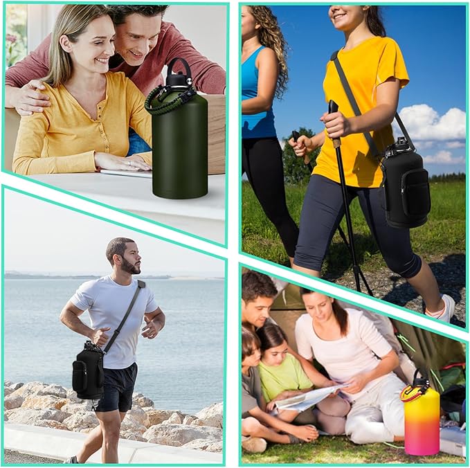 128 OZ Insulated Water-Bottles with Strap - 1 Gallon Water Jug with Straw & Spout Lid, Stainless Steel Large Water Bottle Leak Proof, Cold-48h Hot-24h Metal Water Flask w/Paracord Handle, Carrier Bag-GravixFit