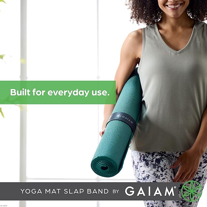 Gaiam Yoga Mat Strap Slap Band - Keeps Your Mat Tightly Rolled and Secure with One Snap - Strong Clasp for Yoga Mat Storage and Travel - Fits Most Size Mats (20"L x 1.5"W), Black-GravixFit