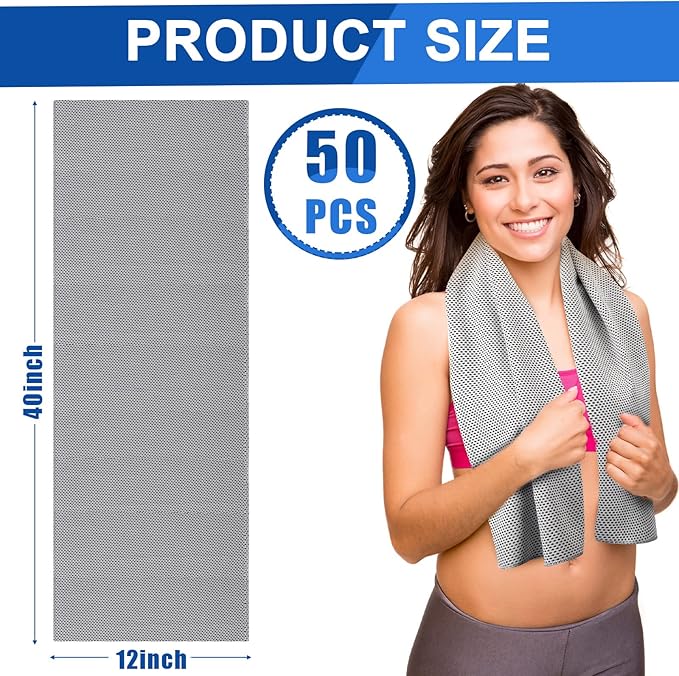 Shellwei 50 Pcs Cooling Towel 40 x 12 Inch Microfiber Workout Towels Breathable Chilly Towel Ice Cool Cold Towels Bulk Fast Drying Absorbent Sweat Rag for Neck Yoga Sports Golf Gym-GravixFit