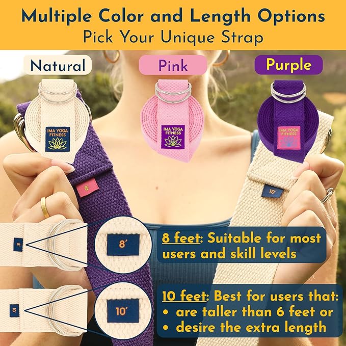 Adaptive Yoga Strap, Stretching Strap, 2 Inches Wide, 100% Naturally Soft Cotton, Steel D-Rings, Includes Natural Cotton Drawstring Storage Pouch and Instructional E-Book-GravixFit