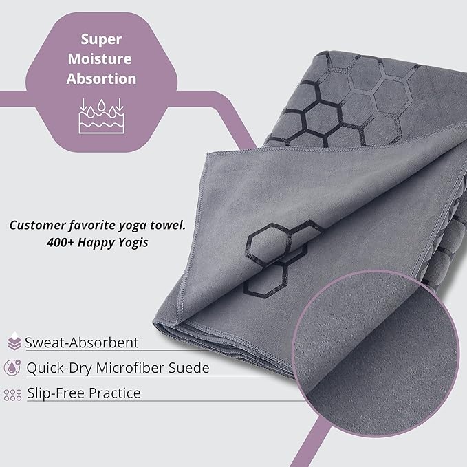 Clever Yoga Non-Slip Hot Yoga Towel – Non-Slip Grip for Hot Yoga, Sweat Absorbent, Honeycomb Silicone Grip, Stays Flat – Ideal for Pilates, Travel, Washable & Lightweight - Gray-GravixFit