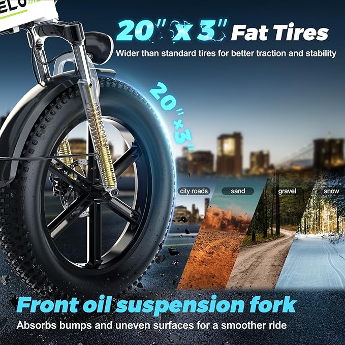 DriftGod Folding Electric Bike for Adults β 1000W Motor, 20"x3" Fat Tire, 48V Removable Battery, All-Terrain E-Bike with 7-Speed, Front Suspension β Powerful Foldable Ebike for Commuter