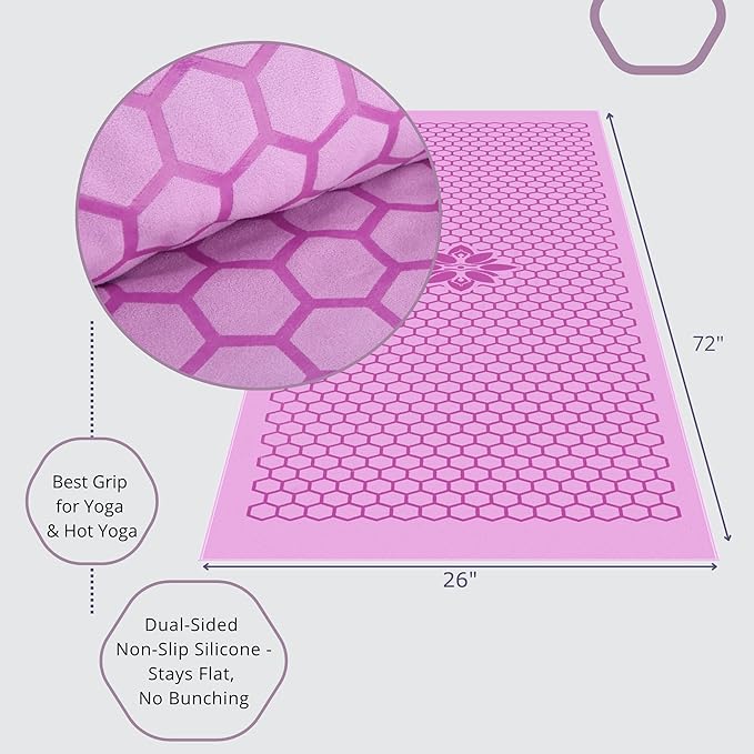 Clever Yoga Non-Slip Hot Yoga Towel – Non-Slip Grip for Hot Yoga, Sweat Absorbent, Honeycomb Silicone Grip, Stays Flat – Ideal for Pilates, Travel, Washable & Lightweight - Lilac-GravixFit