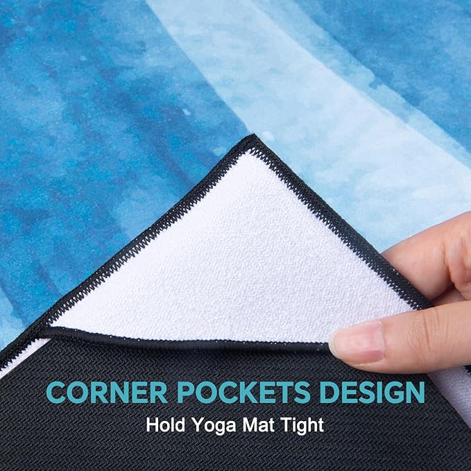 QiyI Yoga Mat Towel with Corner Pockets, Non Slip Sweat Absorbent Hot Yoga Towels, Soft Yoga Blankets with Travel Bag, Skidless Mat Cover for Workout, Gym, Fitness - 70"x26", Blue Tie Dye-GravixFit