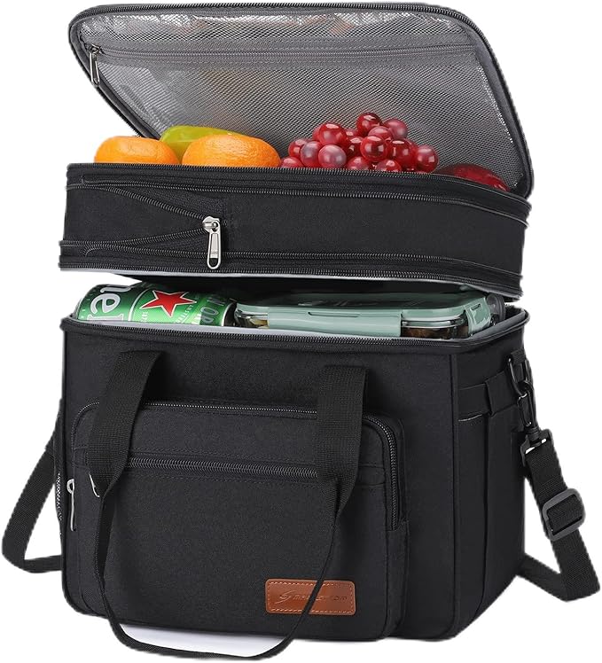 Maelstrom Lunch Box, 23L Insulated Lunch Bag, Expandable Double Deck Cooler Bag, Lightweight Leakproof Tote Bag With Side Tissue Pocket, Suit For Men and Women, Black-GravixFit