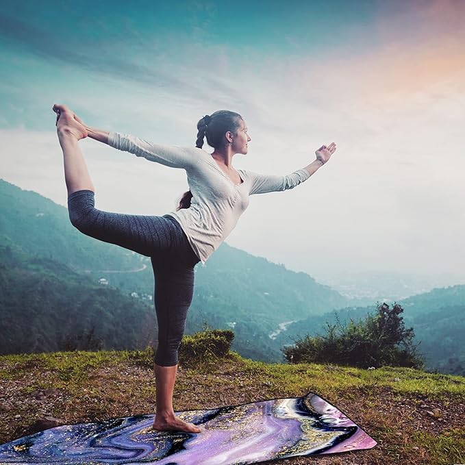 QiyI Yoga Mat Towel with Corner Pockets, Non Slip Sweat Absorbent Hot Yoga Towels, Soft Yoga Blankets with Travel Bag, Skidless Mat Cover for Workout, Gym, Fitness - 70"x26", Purple Gold Marble-GravixFit