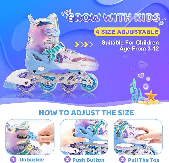 NEMONE Mermaid Inline Skates, 4 Sizes Adjustable Skates for Girls Kids with Light up Wheels, Indoor Beginner Outdoor for Kids Ages 4-6 5-8 6-12 8-12-GravixFit