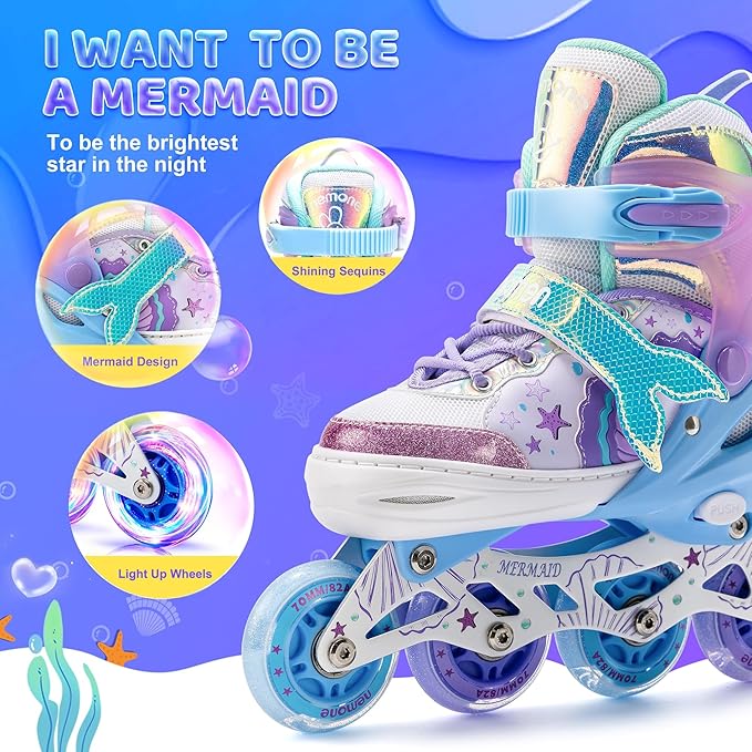 NEMONE Mermaid Inline Skates, 4 Sizes Adjustable Skates for Girls Kids with Light up Wheels, Indoor Beginner Outdoor for Kids Ages 4-6 5-8 6-12 8-12-GravixFit