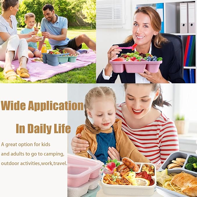 15 PCS Bento Box, 4 Compartment Bento Box Adult Set, Wheat Straw Bento Lunch Box, Reusable Lunch Snack Box, Microwave, Dishwasher and Freezer Safe Meal Prep Containers for Work, School and Travel-GravixFit