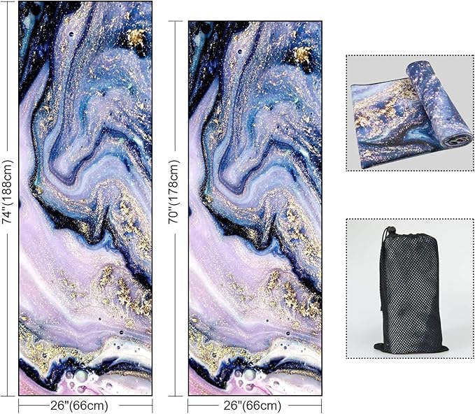 QiyI Yoga Mat Towel with Corner Pockets, Non Slip Sweat Absorbent Hot Yoga Towels, Soft Yoga Blankets with Travel Bag, Skidless Mat Cover for Workout, Gym, Fitness - 74"x26", Purple Gold Marble-GravixFit