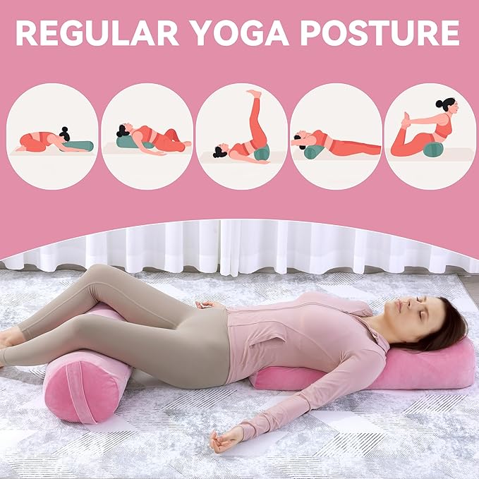 ROYALAY 2 Pcs Yoga Bolster Pillow for Restorative Yoga, Rectangular and Cylinder Meditation Pillow Set with Carrying Handles, Supportive Cushion for Exercise Workout Stretching Meditation,Pink-GravixFit