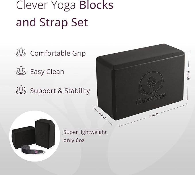 Clever Yoga Blocks & Strap - Lighweight Foam Yoga Blocks 2 Pack with 8ft Cotton Yoga Strap Set Kit for Beginners & Pros, Accessories & Equipment for Women & Men - Gray-GravixFit