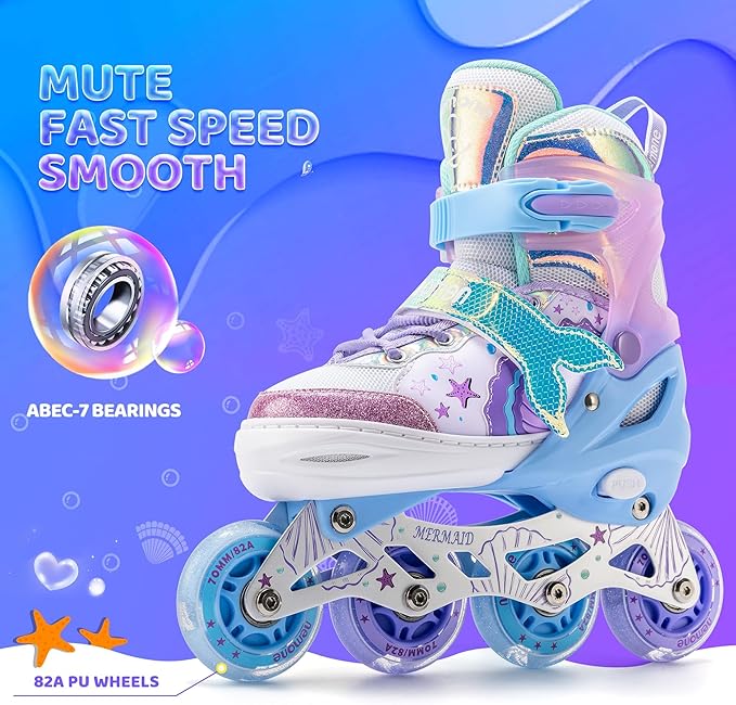 NEMONE Mermaid Inline Skates, 4 Sizes Adjustable Skates for Girls Kids with Light up Wheels, Indoor Beginner Outdoor for Kids Ages 4-6 5-8 6-12 8-12-GravixFit