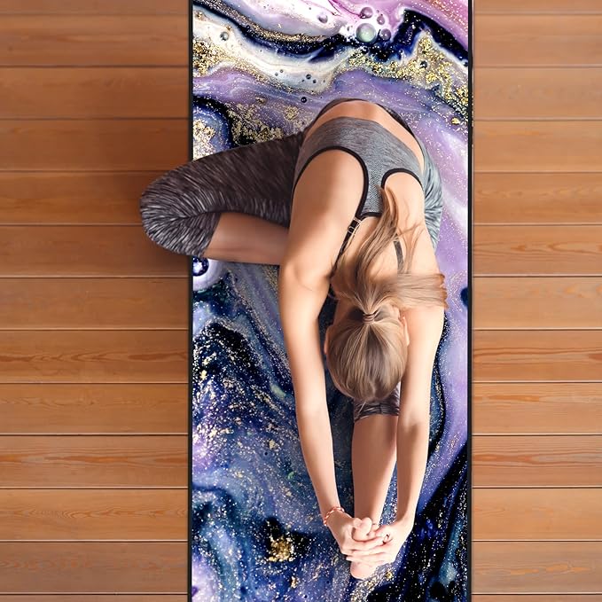 QiyI Yoga Mat Towel with Corner Pockets, Non Slip Sweat Absorbent Hot Yoga Towels, Soft Yoga Blankets with Travel Bag, Skidless Mat Cover for Workout, Gym, Fitness - 70"x26", Purple Gold Marble-GravixFit