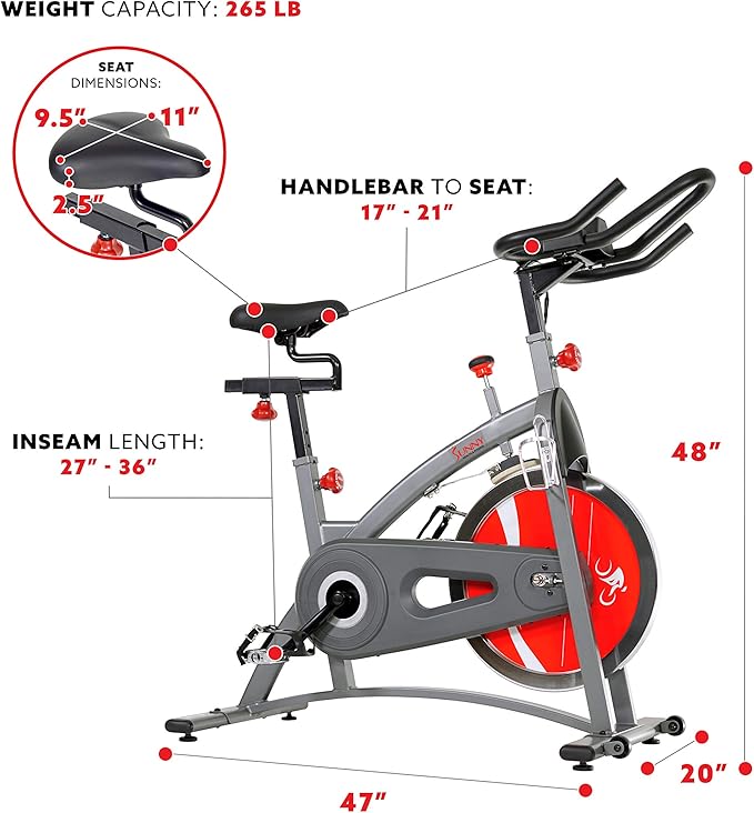 Sunny Health & Fitness Indoor Cycling Exercise Bike w/Adjustable Cushion Seat & Multi-Grip Handlebar, Stationary Workout Equipment For Adult Cardio Training, Optional Free SunnyFit App Connection