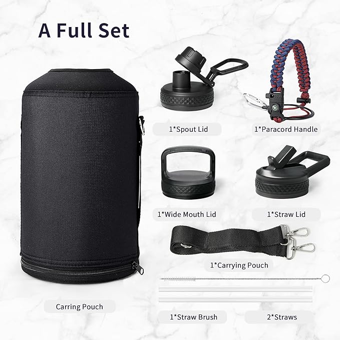 Trebo 1 Gallon Water Bottle Insulated with Paracord Handle and Straw,128oz Vacuum Double Wall Stainless Steel Large Jug,Keep Ice Cold 48hrs, Leakproof Sports Gym Flask for Men Women, Ruby Red-GravixFit