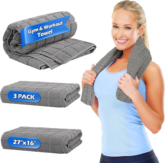 HOMERHYME Microfiber Gym Towels, 3 Pack Sweat Towels, 16 x 27 Inch Quick Dry Hand Towels, Absorbent Yoga Towels for Home Gym Bag, Beach Travel Sport Towel, Workout Equipment for Men & Women-GravixFit