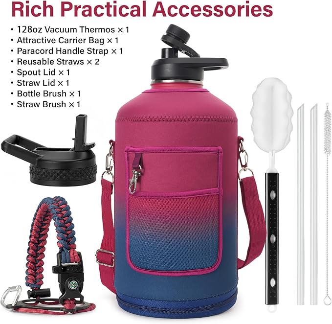 1 Gallon Water Bottle Insulated | Thickened Stainless Steel Vacuum Metal Water Jug | Portable Sports Large for Gym and Hiking with Straw, Carrier Bag, Handle Strap | BPA-Free 128 oz-GravixFit