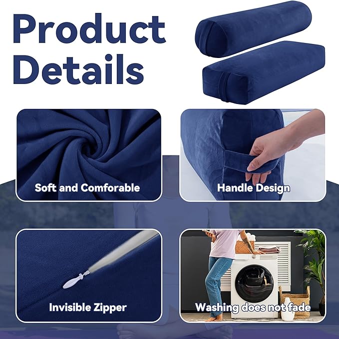 ROYALAY 2 Pcs Yoga Bolster Pillow for Restorative Yoga, Rectangular and Cylinder Meditation Pillow Set with Carrying Handles, Supportive Cushion for Exercise Workout Stretching Meditation,Dark Blue-GravixFit