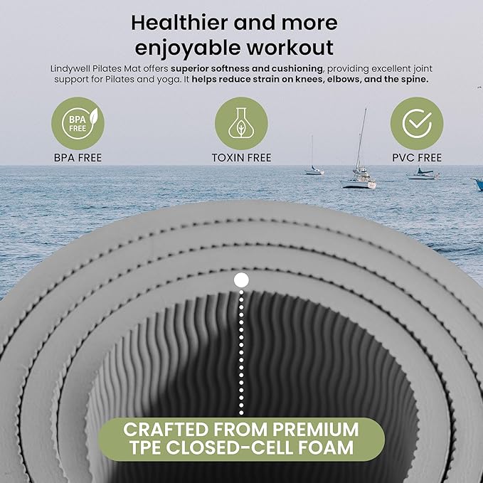 Lindywell Pilates Yoga Workout Mat Non Slip 6mm, 8mm, 10mm Thick - 6ft x 26in-GravixFit