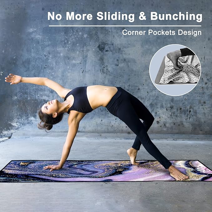 QiyI Yoga Mat Towel with Corner Pockets, Non Slip Sweat Absorbent Hot Yoga Towels, Soft Yoga Blankets with Travel Bag, Skidless Mat Cover for Workout, Gym, Fitness - 70"x26", Purple Gold Marble-GravixFit