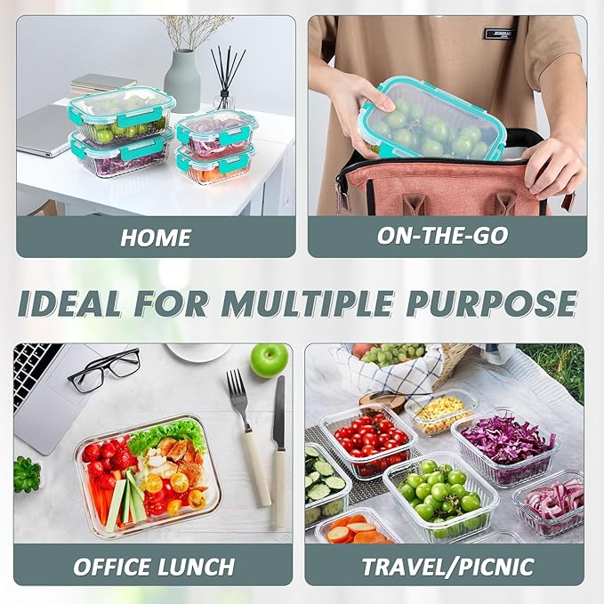 10 Packs Glass Meal Prep Containers with Lids, Glass Food Storage Containers Set, Airtight Lunch Containers, Microwave, Oven, Freezer and Dishwasher Safe, Green-GravixFit