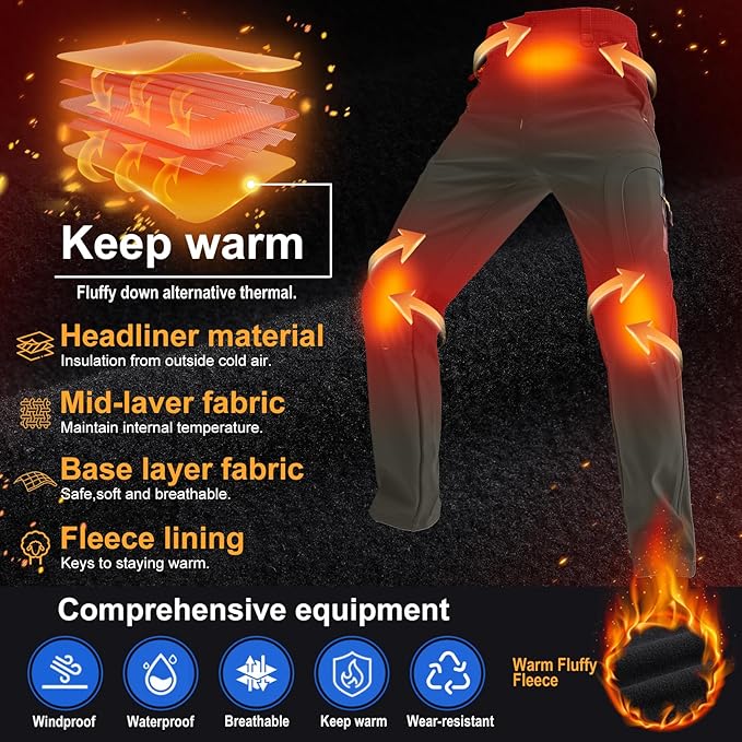 Toomett Men's hiking Snow Pants Skiing Winter Insulated Fleece lined Outdoor Water Repellent camping,walking,fishing